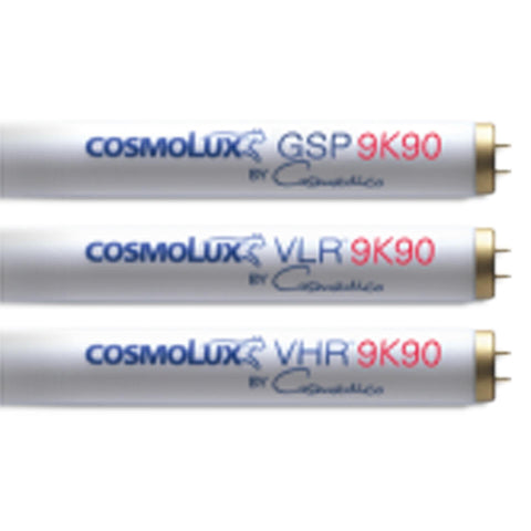 Three Cosmolux light bulbs labeled GSP, VLR, and VHR on a white background