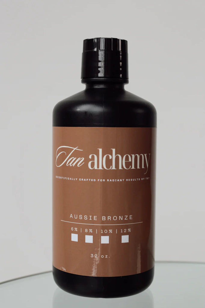 Aussie Bronze Spray Tan Solution by Tampa Bay Tan, extra dark instant bronzer, 32 oz, black bottle.