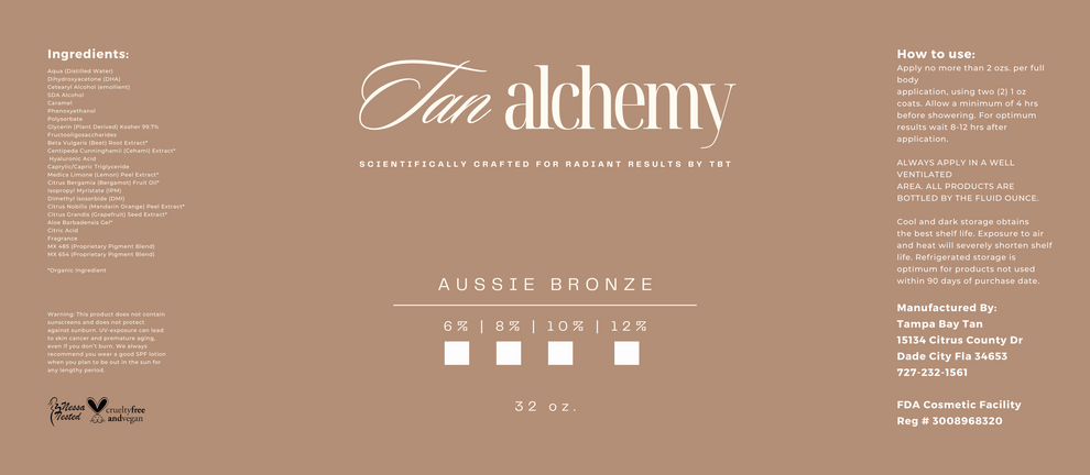 Product label for 'Tan alchemy' with ingredients, use instructions, and product details on a brown background.