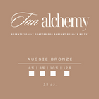 Product label for 'Tan alchemy' with ingredients, use instructions, and product details on a brown background.