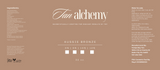 Product label for 'Tan alchemy' with ingredients, use instructions, and product details on a brown background.