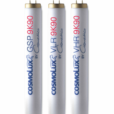 Three Cosmolux light bulbs on a white background