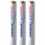 Three Cosmolux light bulbs on a white background