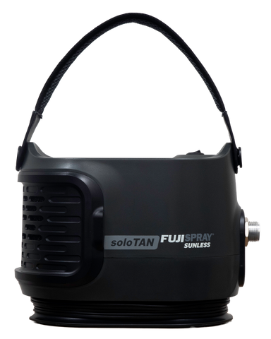 Black spray tanning machine with 'soloTAN Fuji Spray Sunless' branding on a white background