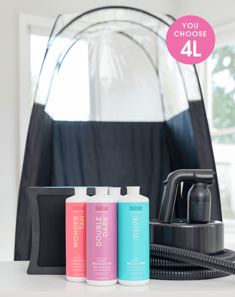 MineTan Expert Esthetician Spray Tan Kit with tent, spray gun, hose, Wave Portable Extraction & bottles 