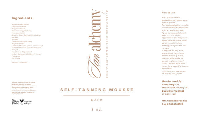 Label for self-tanning mousse with text and branding on a white background