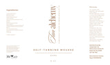 Label for self-tanning mousse with text and branding on a white background