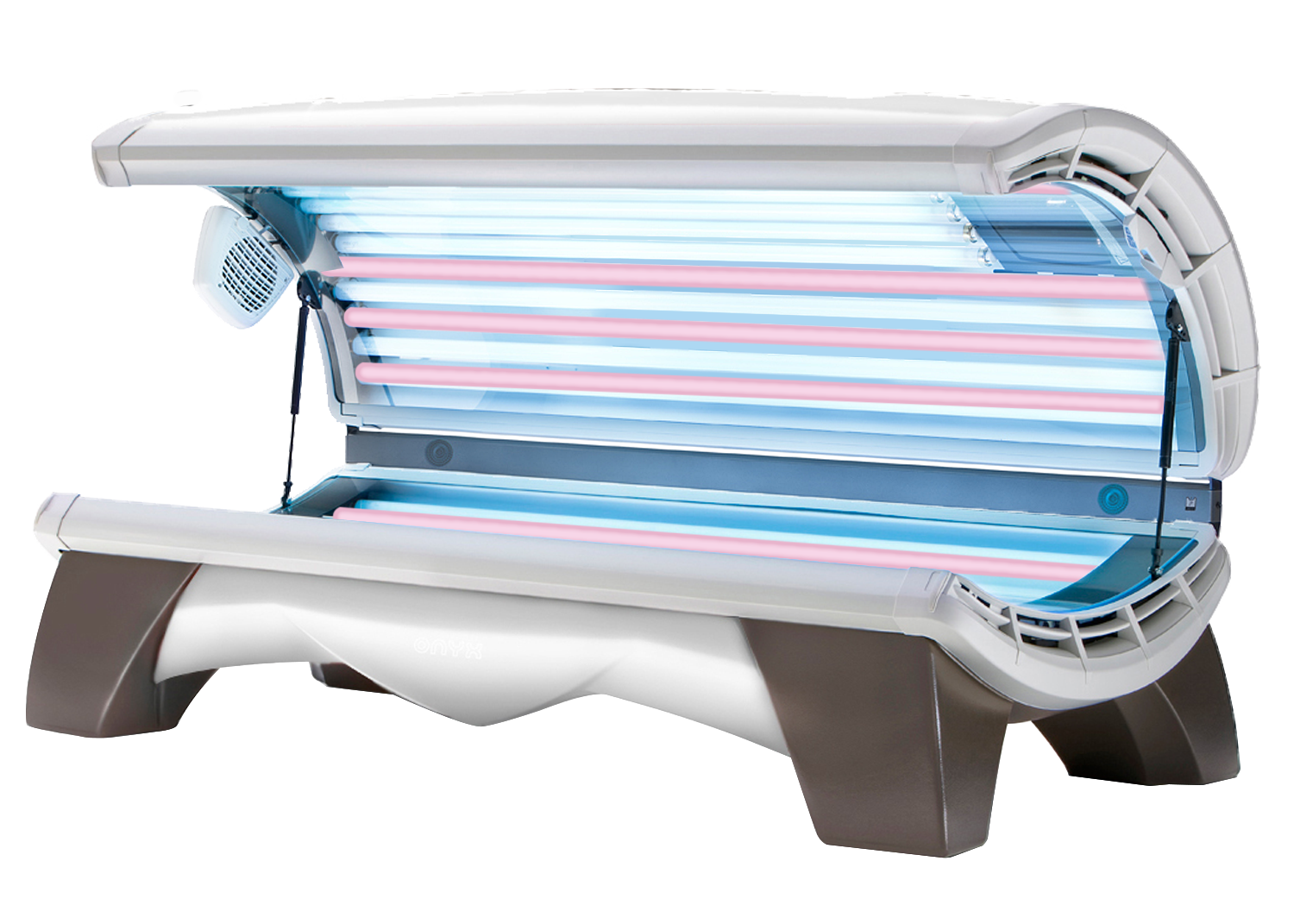 A commercial tanning bed with multiple high-output lamps arranged for even tanning coverage, featuring a mix of UV and red light lamps.