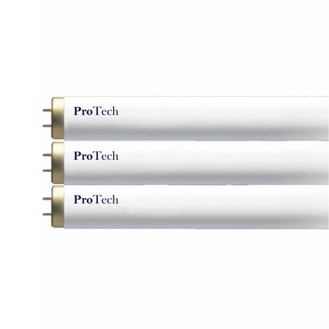 Three ProTech fluorescent light tubes on a white background