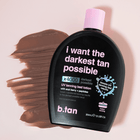 Bottle of b.tan tanning bed lotion with a swatch of brown color on a light pink background