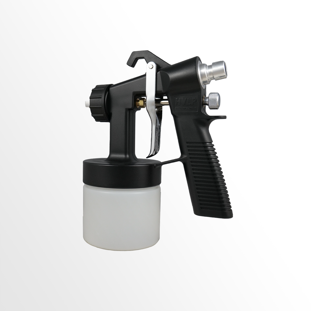 Black spray gun with a white container on a white background