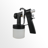 Black spray gun with a white container on a white background