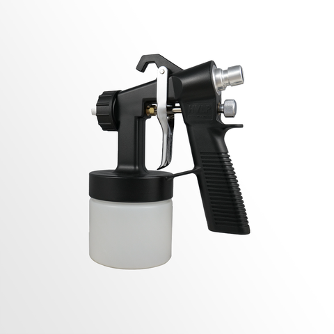 Black spray gun with a white container on a white background