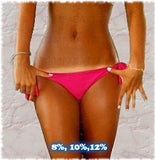 Person wearing a pink bikini bottom with a textured gray background