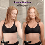 Before and after comparison of a woman using self-tan mousse in a bathroom setting.