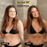 Before and after comparison of a woman using tanned AF self-tan mousse.