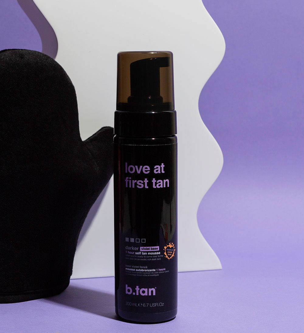 B.tan self-tanning product with a black pump on a purple background