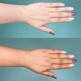 Two hands with painted nails against a teal background