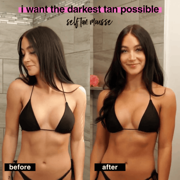 Before and after comparison of a woman applying self-tan mousse, showing a dramatic tan difference.
