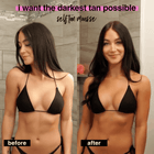 Before and after comparison of a woman applying self-tan mousse, showing a dramatic tan difference.