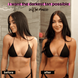 Before and after comparison of a woman applying self-tan mousse, showing a dramatic tan difference.