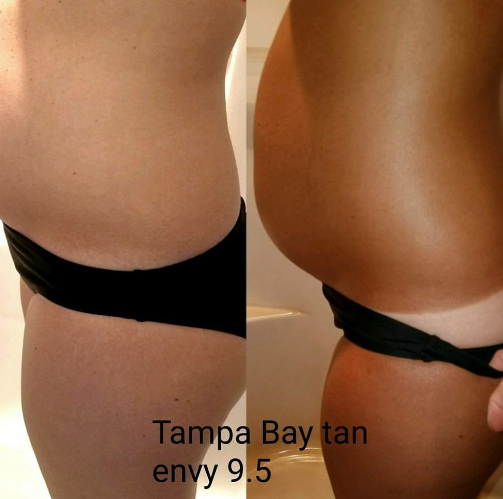 Two images side by side showing a person's legs with black underwear, one labeled 'Tampa Bay tan envy 9.5'.