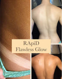 Collage of skin texture before and after treatment with 'RApiD Flawless Glow' text overlay.