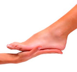 Close-up of a foot and hand on a white background