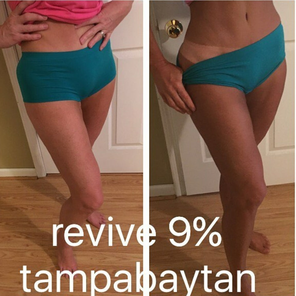 Person wearing teal shorts with text 'revive 9% tampabaytan' on a wooden floor.
