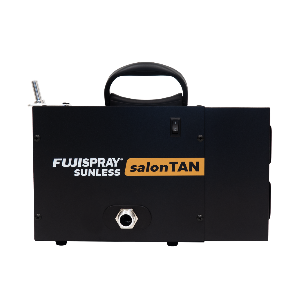 Black tanning machine with Fujispray Sunless salonTAN branding on a white background