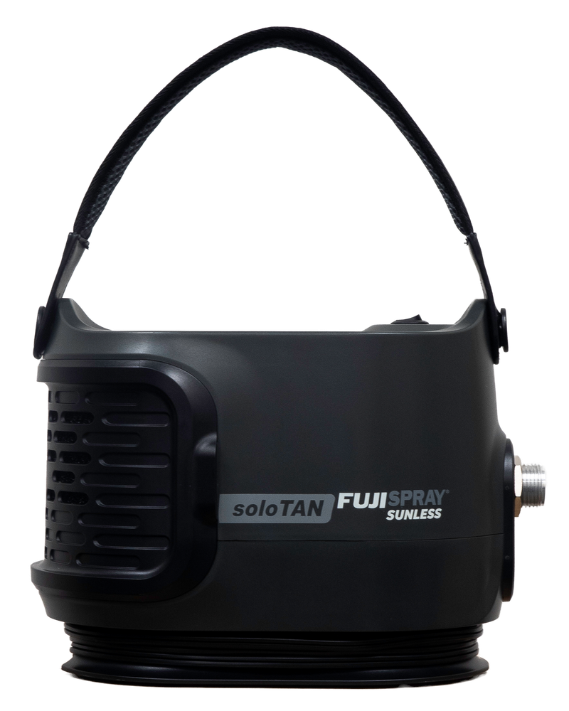 Black spray tanning machine with 'soloTAN Fuji Spray Sunless' branding on a white background