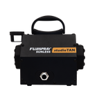 Black tanning machine with Fujispray and studioTAN branding on a white background
