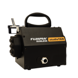 Black tanning machine with 'Fujispray Sunless Studio Tan' branding on a white background