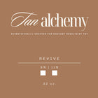 Product label for 'Tan Alchemy' with text and branding on a brown background