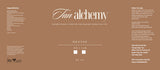Product label for 'Tan Alchemy' with text and branding on a brown background