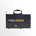 Black tanning machine with Fujispray Sunless salonTAN branding on a white background