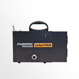 Black tanning machine with Fujispray Sunless salonTAN branding on a white background