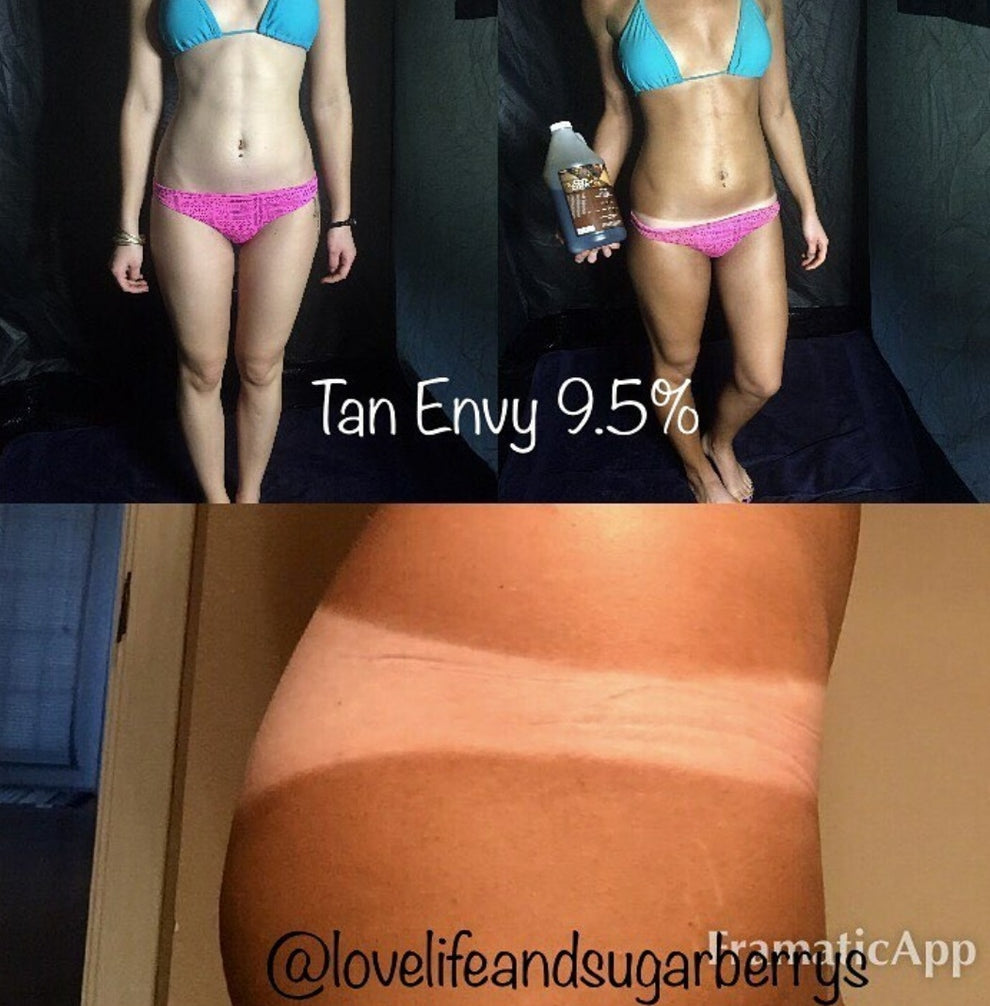 Comparison of tanned skin with 'Tan Envy 9.5%' product and a close-up of tanned skin.