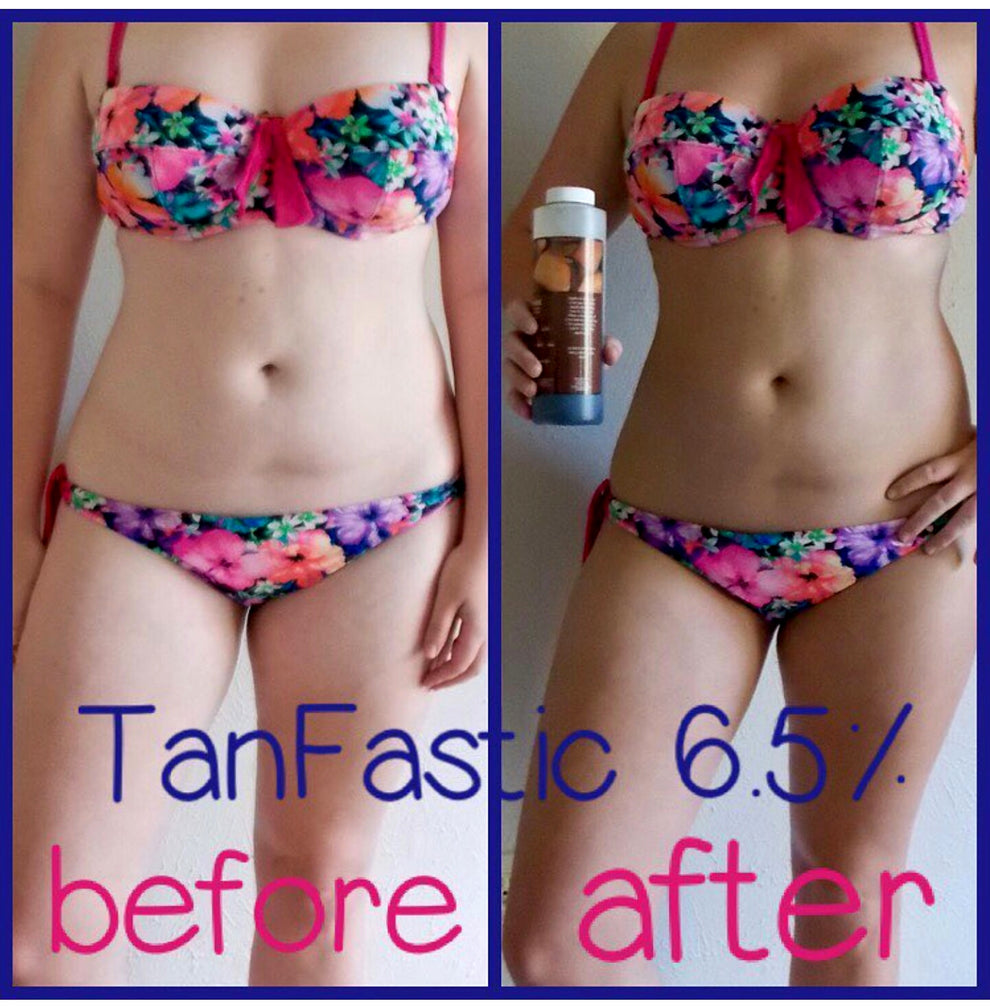 Before and after comparison of a person wearing a floral bikini with TanFastic product application.