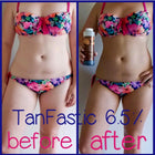 Before and after comparison of a person wearing a floral bikini with TanFastic product application.
