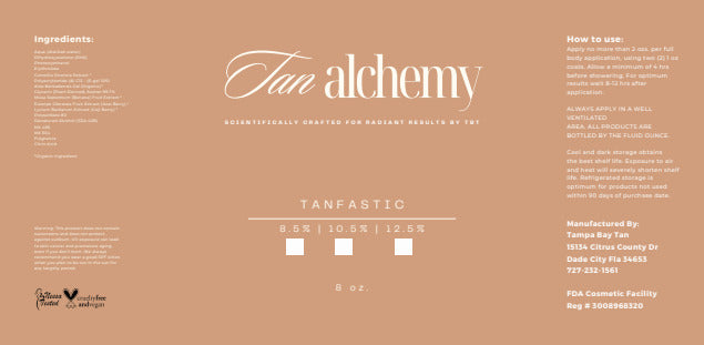 Tan alchemy product packaging with ingredients and usage instructions on a brown background