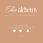 Tan alchemy product packaging with ingredients and usage instructions on a brown background