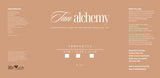 Tan alchemy product packaging with ingredients and usage instructions on a brown background