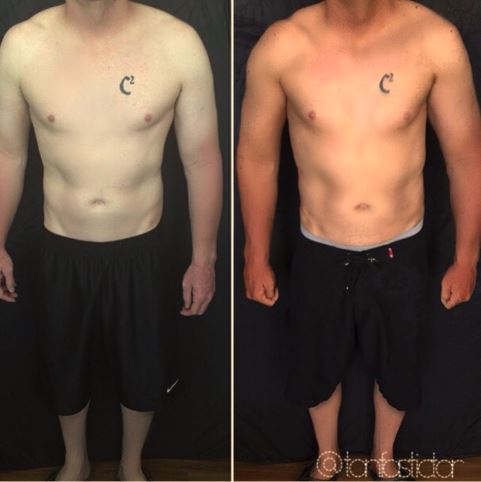 Before and after comparison of a person wearing black shorts with a tattoo.