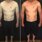 Before and after comparison of a person wearing black shorts with a tattoo.