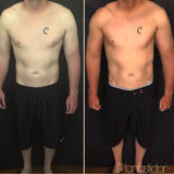 Before and after comparison of a person wearing black shorts with a tattoo.