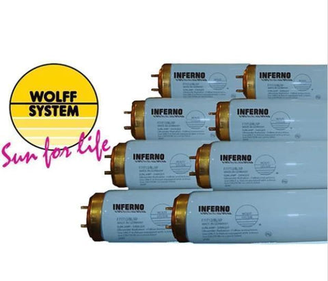 Seven ESB Galaxy 30 Tanning Booth Bulbs by Wolff beside the Sun for Life logo.